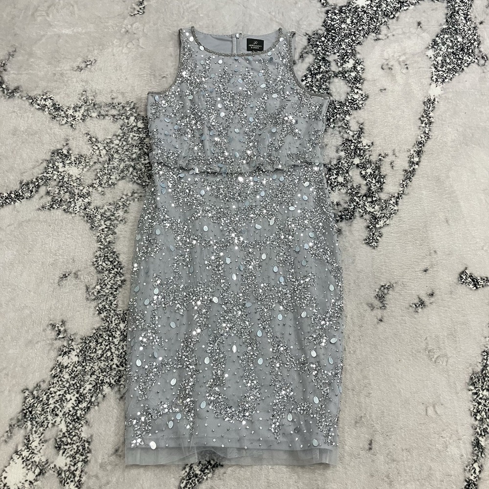Adrianna Papell Beaded Sequin Cocktail Dress Gray Sleeveless Womens Size 8‎